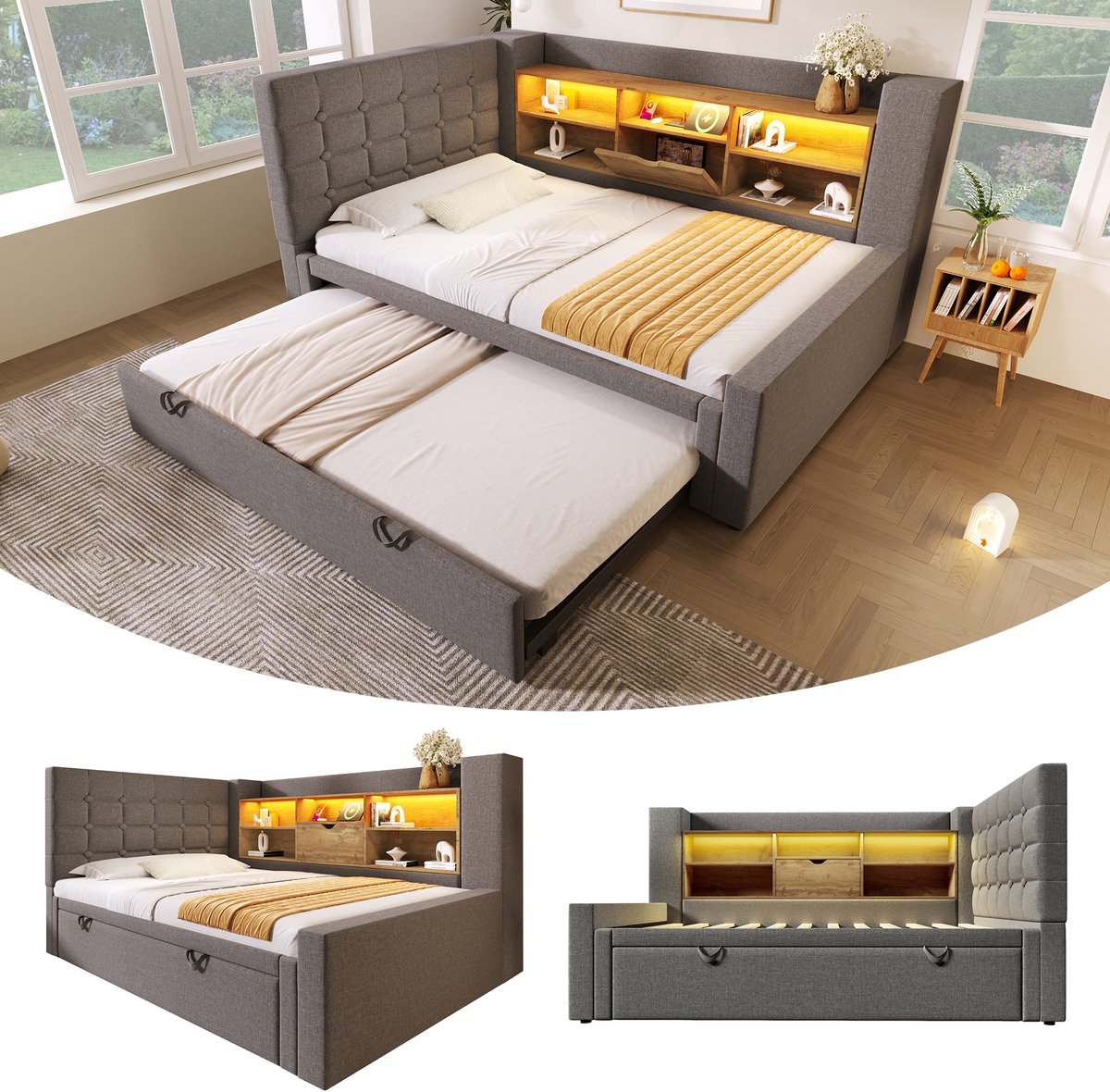 Gestoffeerd bed met uitschuifbed en LED - 90x200 cm uitbreidbaar tot 180x200 cm - grijs - L-vormig hoofdeinde met opbergvak - USB-A en USB-C snelladen - links/rechts monteerbaar