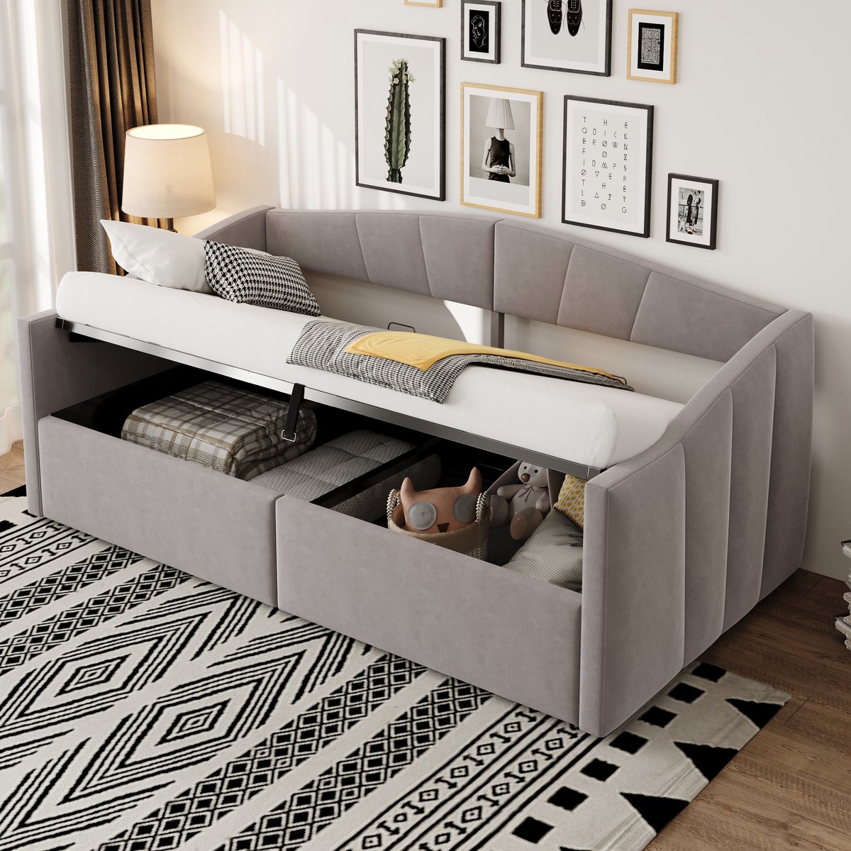 Gestoffeerde slaapbank met hydraulische opbergruimte - 90x200 cm eenpersoons - Lichtgrijs fluweel - Klassiek gestreept design en armleuningen - Inclusief lattenbodem - Geschikt als bank en bed
