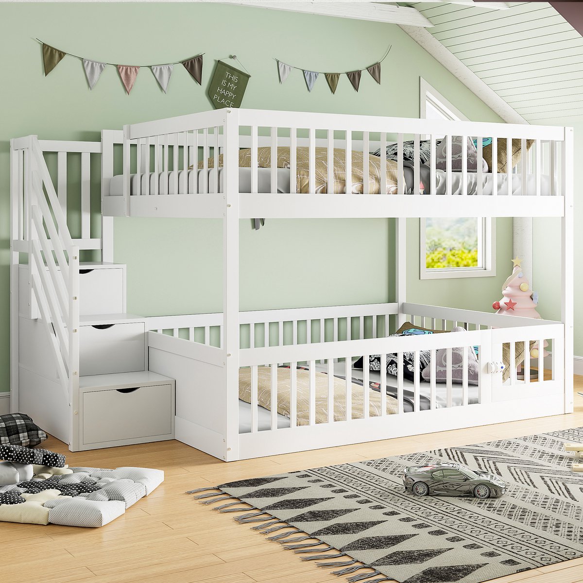 Stapelbed 140x200 cm - met opbergtrap en speelgedeelte - Wit - Veilige opbergtrap met lades - Onderbed met afsluitbare deur - Veiligheidshekken rondom
