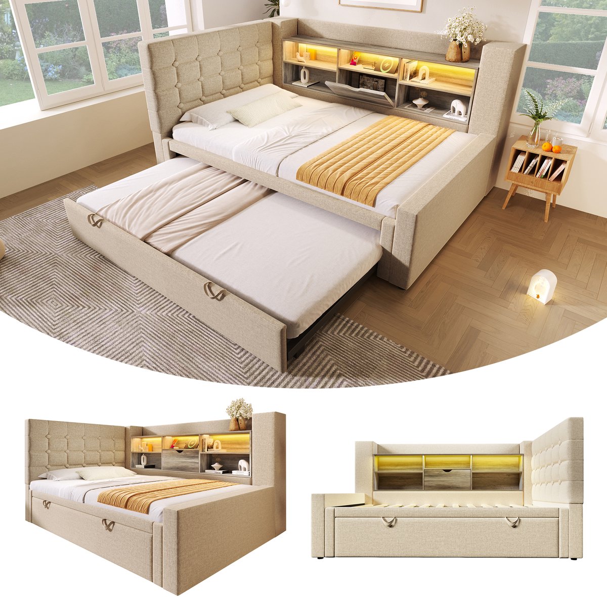 Gestoffeerde slaapbank met uitschuifbed - 90x200 naar 180x200 cm - Beige linnen - L-vormig hoofdeinde met opbergvakken - LED-verlichting met app en laadpoorten - Inclusief lattenbodem