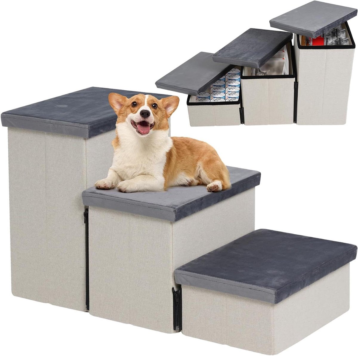 Honden Trappetje - Katten Opstapje - Hulp bij Klimmen - Met Opbergruimte - 74 x 33 x 44 cm - Grijs