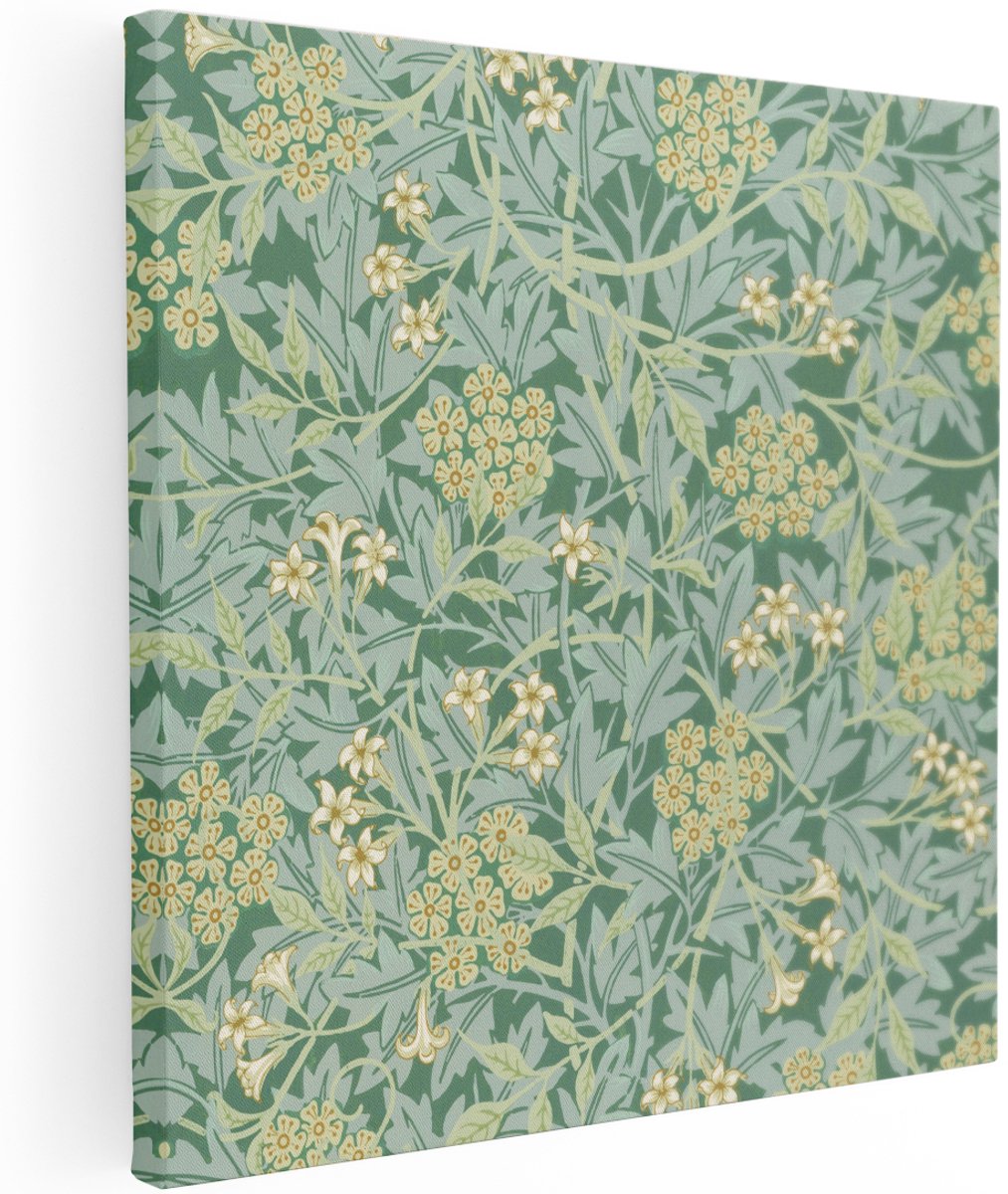Artaza Canvas Schilderij Bloemen - 100x100 cm - Groot - Wanddecoratie Vintage - Muurdecoratie Groen - Decoratie Bloemenpatroon - Schilderijen Op Canvas