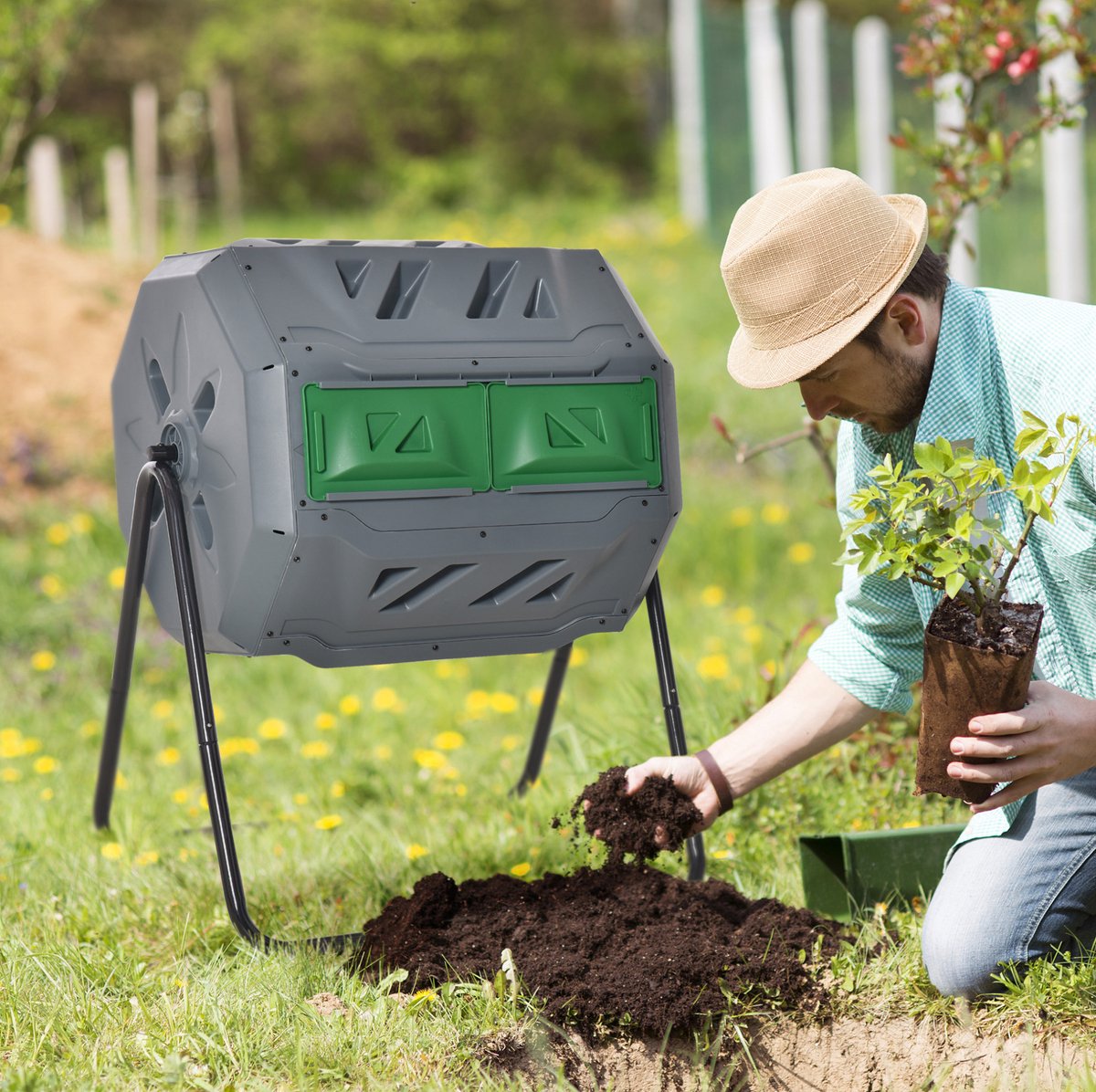 REDOM - Compostbak met 2 kamers - 360° draaibaar - Ventilatiegaten - Stalen frame - Tuin en keukenafval - Polypropyleen - Grijs - 71 x 64 x 96 cm