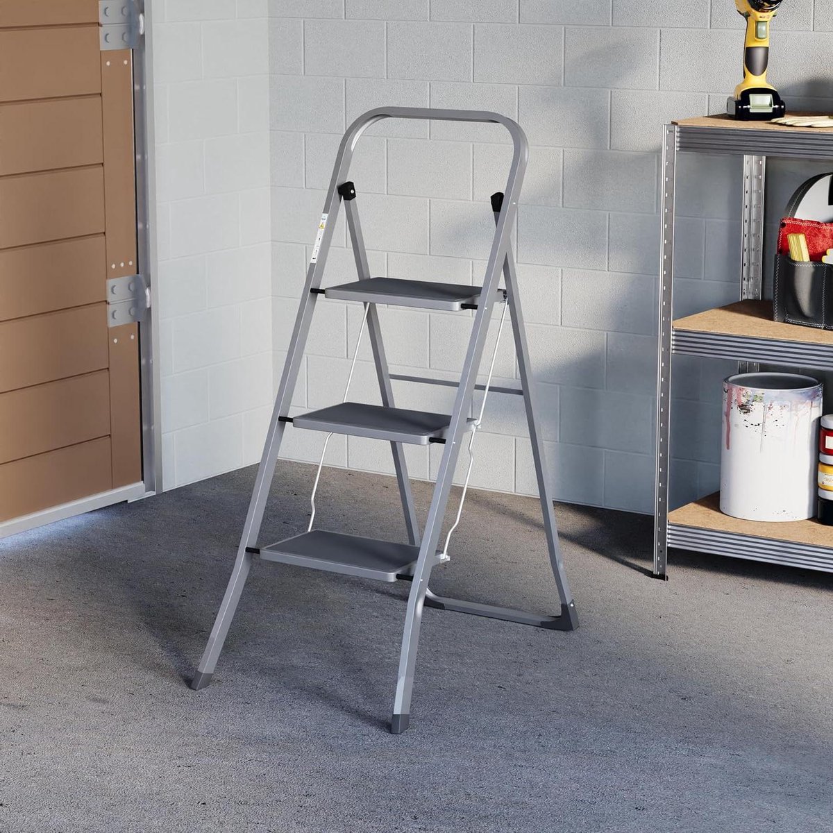 Vouwladder - Stevige ladder - Klusjes in huis - Antislip brede treden - 3-traps - Grijs