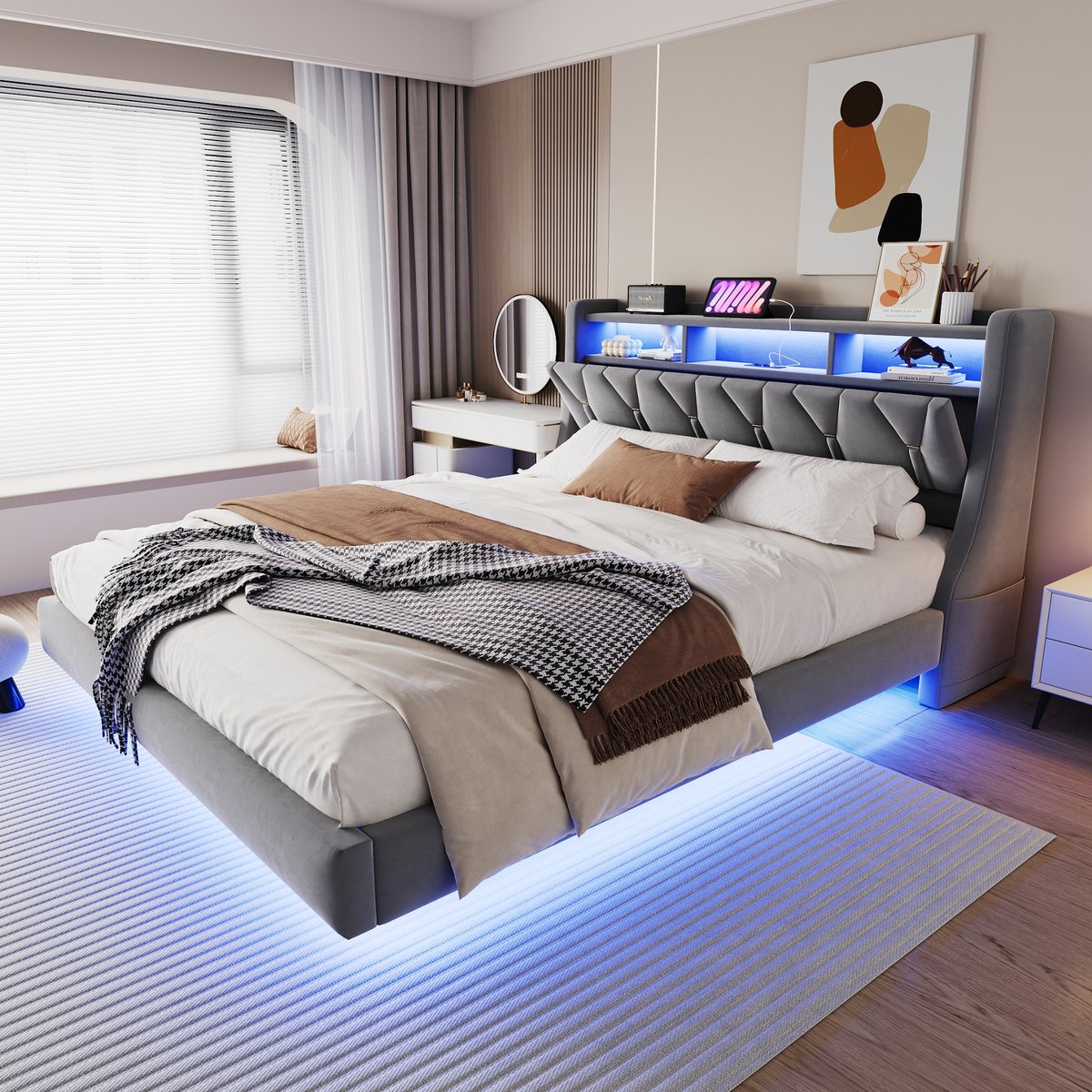 Gepolsterd Bed 180x200 cm - Met Opbergruimte - Met LED-verlichting - Met Stopcontact - Grijs