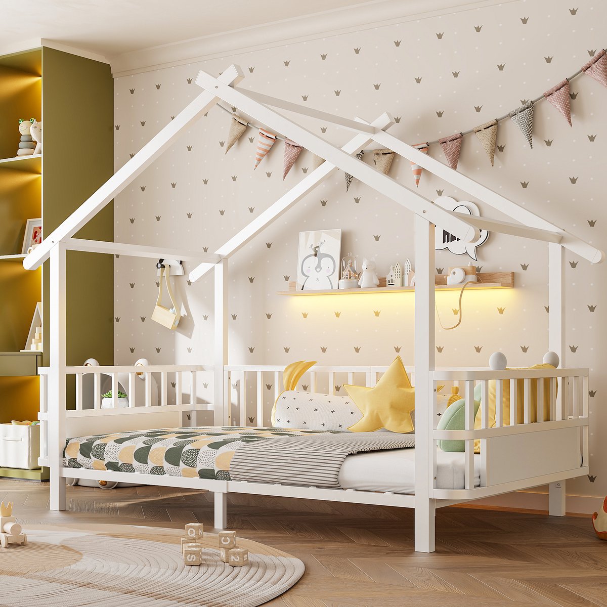 Metalen Kinderbed 90x200 cm - Met Valbeveiliging - Huisvorm - Met Fluweel - Wit