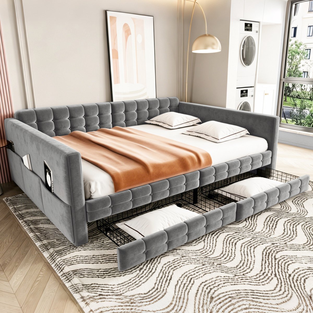 Slaapbank 140x190 cm - Met Opbergruimte - Met Fluweel - Met Hoofdeinde - Met Lades - Grijs