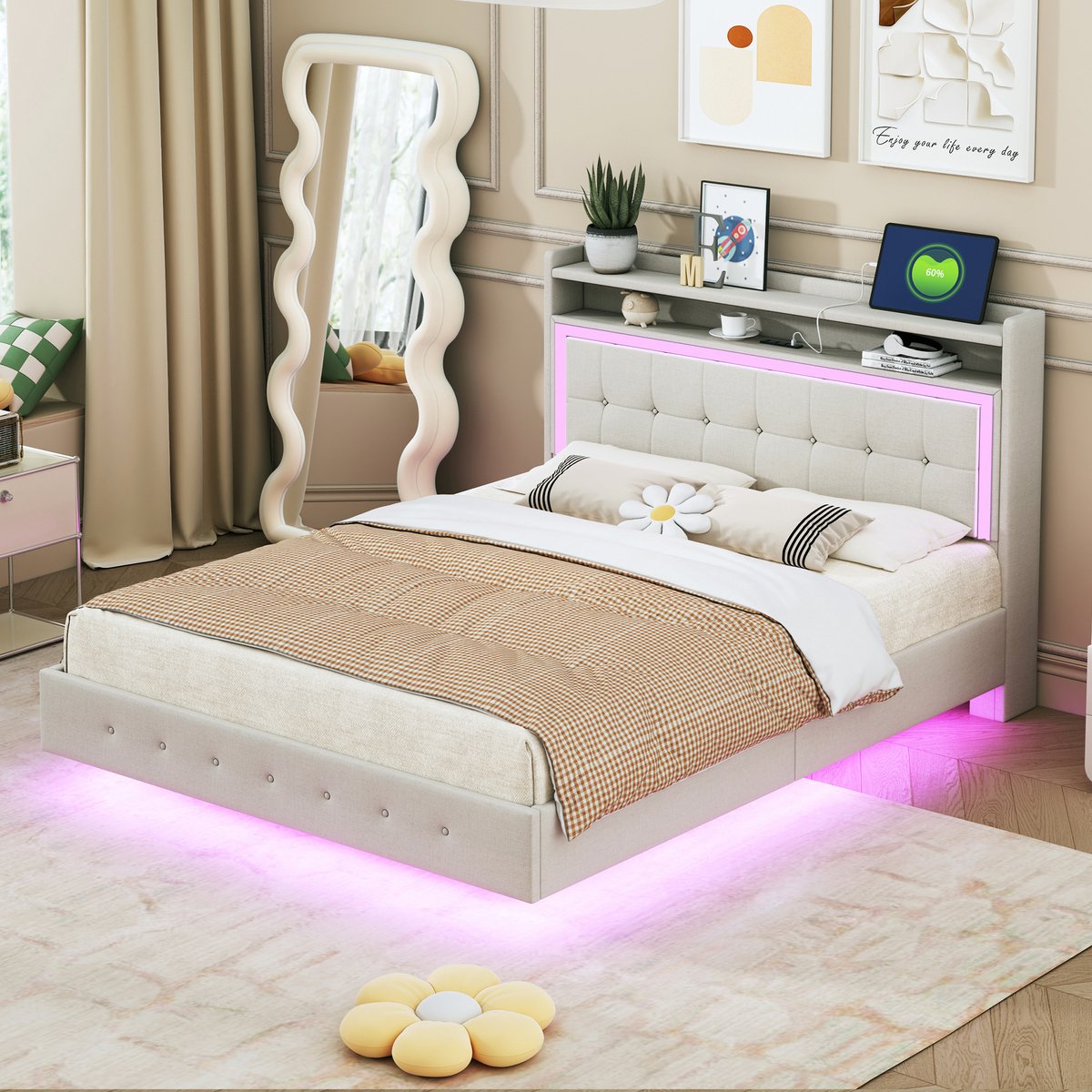 Gepolsterd Bed 140x200 cm - Met LED-verlichting - Met USB-aansluiting - Met Stopcontact - Beige
