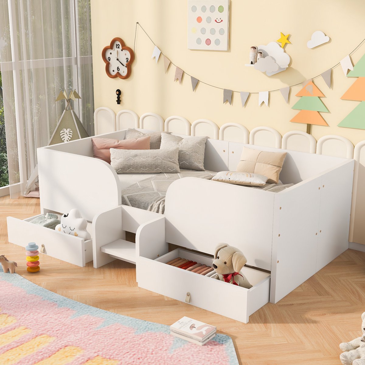 Zubaliya MDF Kinderbed 90x200 cm Wit Met Opbergruimte, Laden