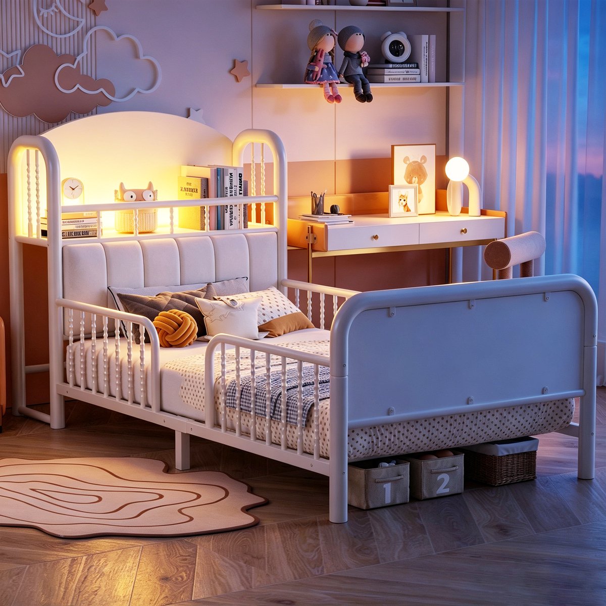 Gepolsterd Kinderbed 90x200 cm - Met Valbeveiliging - Met Opbergruimte - Met LED-verlichting - Wit