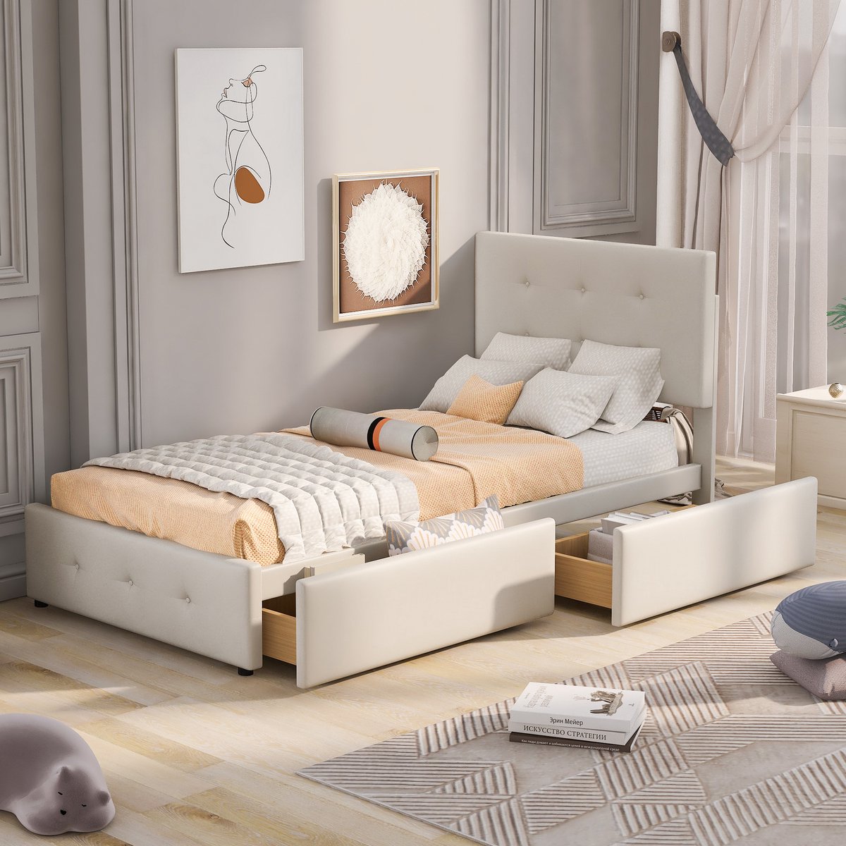 Gepolsterd Kinderbed 90x200 cm - Met Opbergruimte - Met Fluweel - Met Lades - Beige