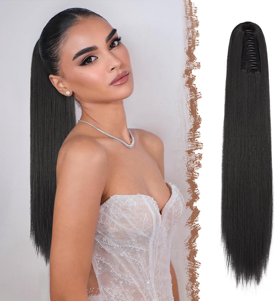 Natuurlijke Lange Rechte Ponytail Extension van Synthetisch Haar - 63 cm Zwart Haarstuk voor Vrouwen, Perfect voor Stijlvolle Kapsels en Feestelijke Gelegenheden