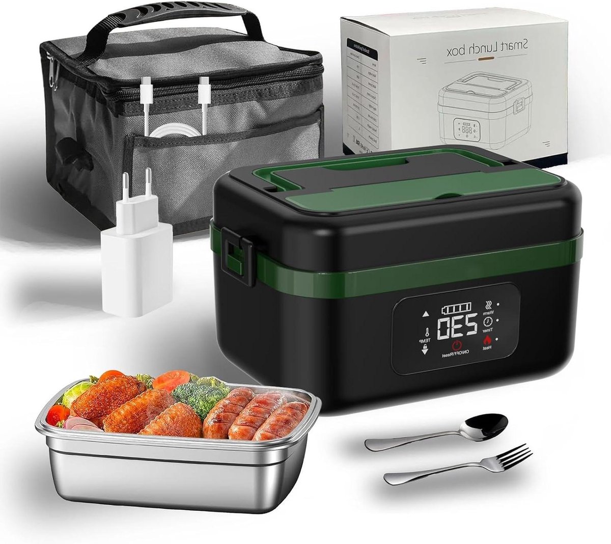 Elektrische Lunchbox - Warme Maaltijden - Onderweg Eten - Met Ingebouwde Batterij - 1 Liter Inhoud - Zwart