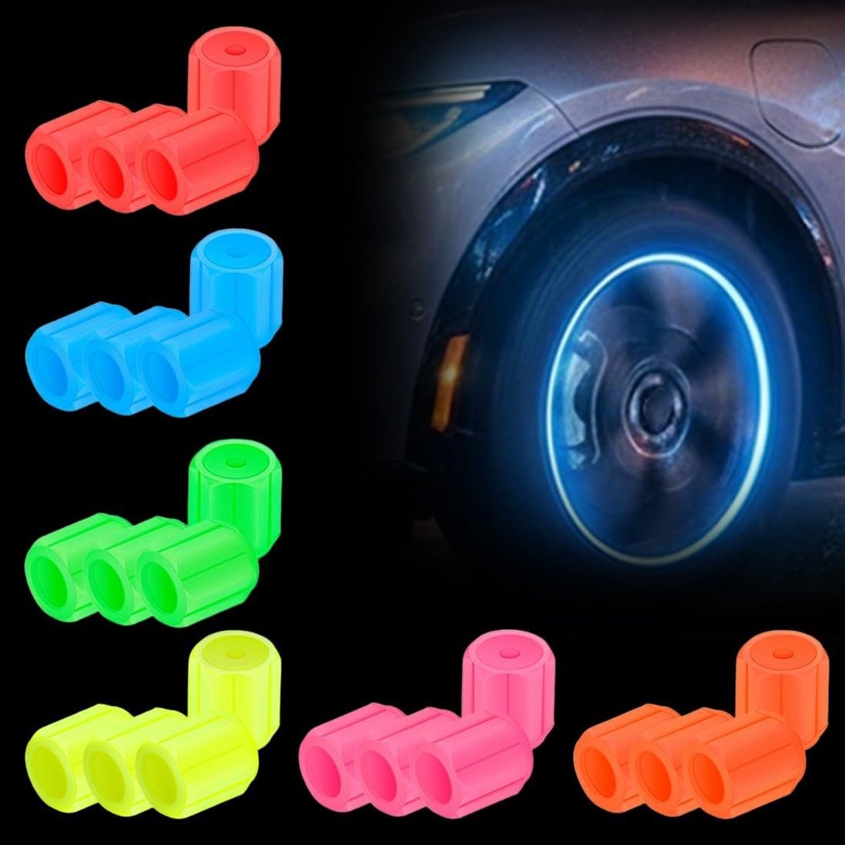 Set van 24 Fluorescerende Ventieldoppen voor Auto, Motor en Fiets in 6 Kleuren - Bescherming tegen Stof en Corrosie, Veiligheid en Visibiliteit Verhoogd
