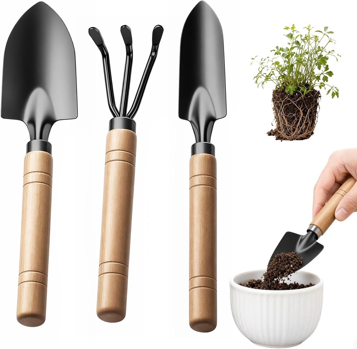 Mini Tuingereedschap Set van 3 Stukken, Stevige Houten Handvatten, Ideaal voor Bonsai, Potplanten en Tuinbedden, Compacte Tuinset voor Grondbewerking en Onderhoud