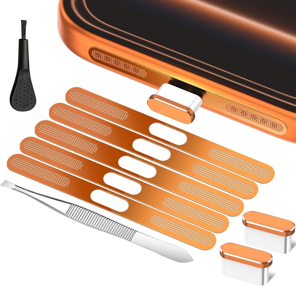 Kompatibele USB-C Stofbescherming voor iPhone 17 Pro Max met Speaker Beschermrooster en Metaalgaas - Oranje Accessoire voor Smartphone Bescherming