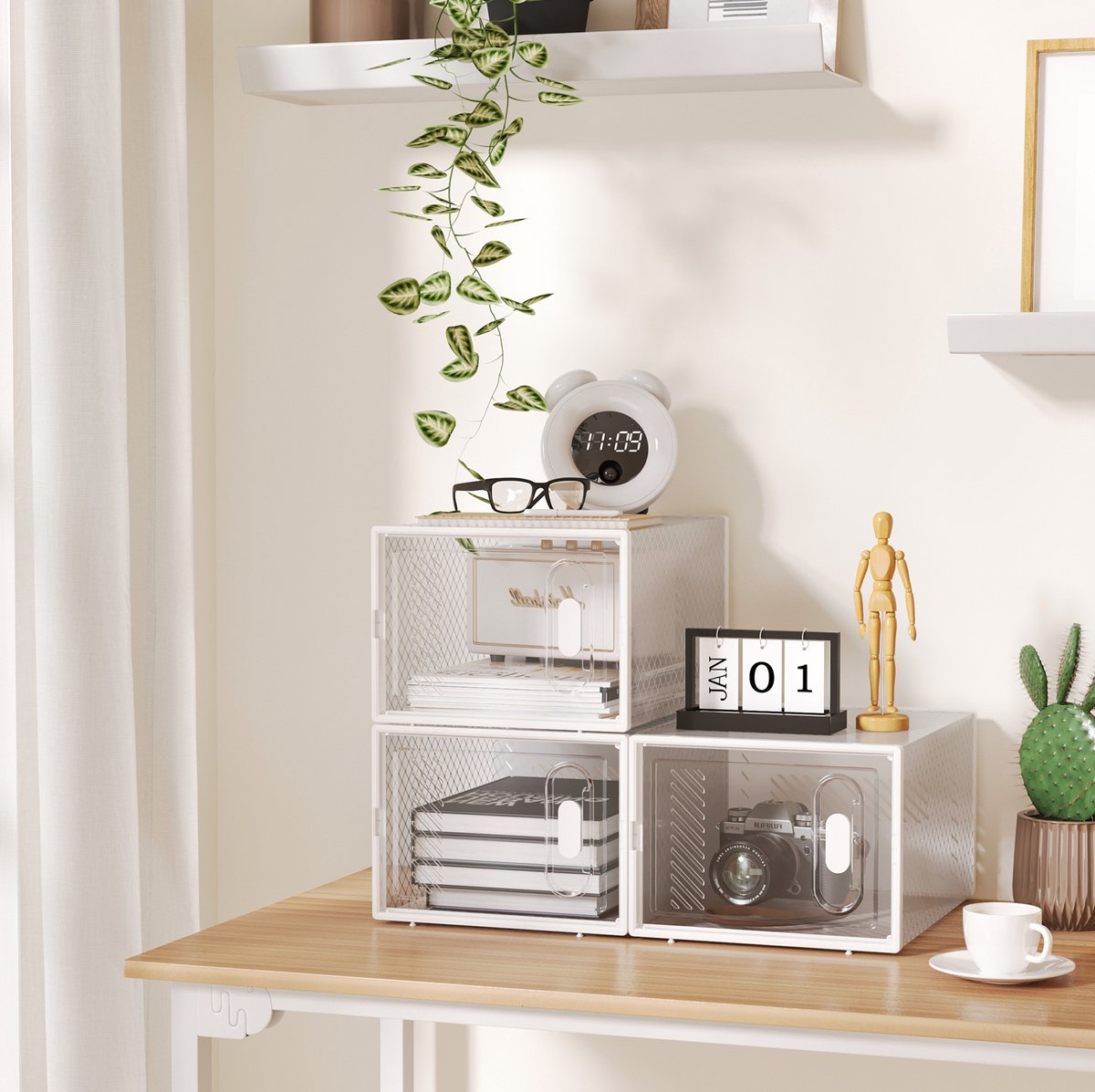 REDOM - Schoenopbergbox - Stapelbaar - Met magnetische deur en deksel - Ventilatieopeningen - Minimalistische stijl - Hal en slaapkamer - Kunststof - Transparant en wit - 28 x 36 x 21 cm