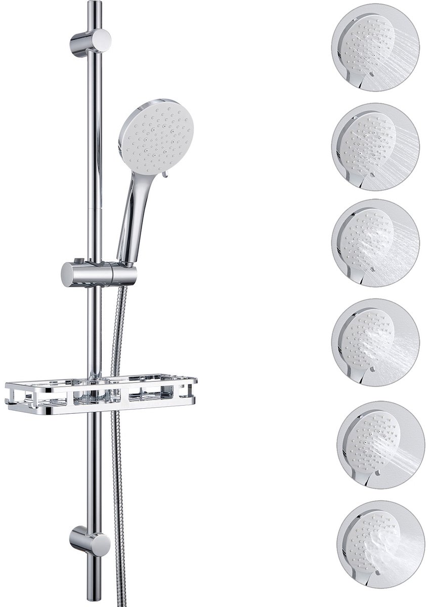 Auralum Max Doucheset met Handdouche - 90 cm Glijstang - Douchekop Ø 12 cm - 6 Standen Handdouche - Inclusief Boorvrije Plank - Doucheslang 150 cm - RVS Complete Glijstangset - Waterbesparend - Chroom&wit