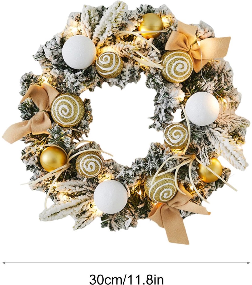 Kerstkrans met verlichting - 30 cm - Kunstmatige LED kerst krans met kerstballen - op batterijen - Kerst Deurkrans voor buiten, deur, Open Haard, Muur, Huisdecor - geel – foto 2