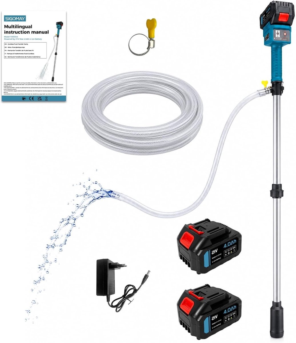Regentonpomp op accu - Zwart - 90 cm - 3 Snelheden tot 2400 L/u - Voor Tuin en Zwembad