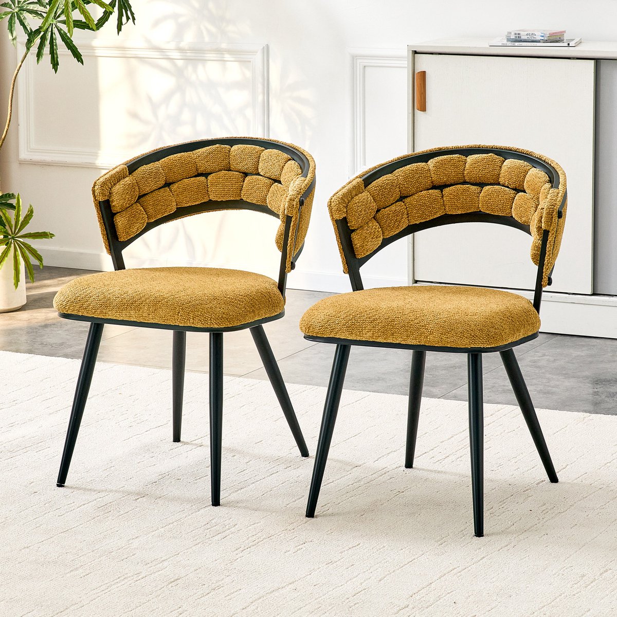 DESMIU Eetkamerstoel Set Van 2 - Velvet Gele Designstoel Met Zwart Metalen Onderstel - Voor Eetkamer, Keuken, Woonkamer En Slaapkamer - Velours - Geel Zwart