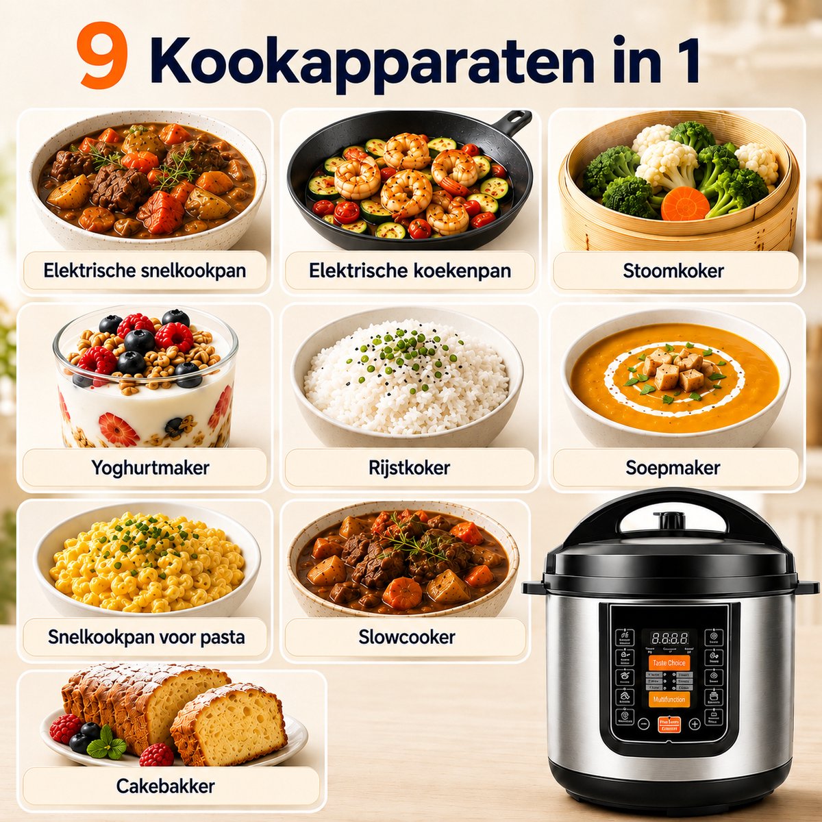 Rijstkoker -15-in-1 Elektrische Rijstkoker en Multicooker van RVS – Snelkookpan, Slowcooker, Stoomkoker, Yoghurtmaker en Sauteerfunctie – foto 4