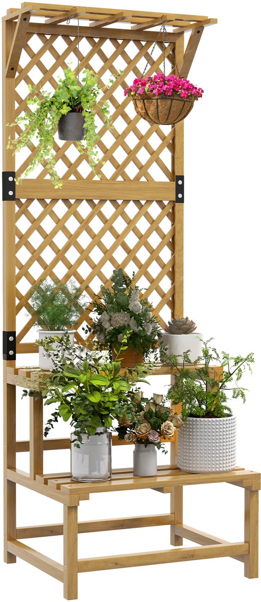 TEKROA® Plantenstandaard - Houten plantenstandaard met klimrek - 166H x 60W x 50Wcm - natuurlijke afwerking