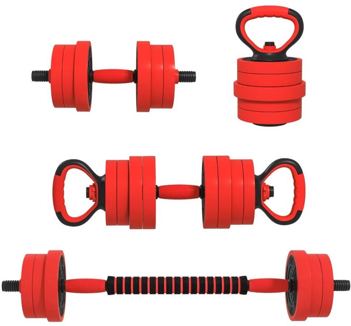 Gewichtset‑4‑in‑1‑20kg‑omvormbaar‑kettlebell‑dumbbells‑barbell‑rood