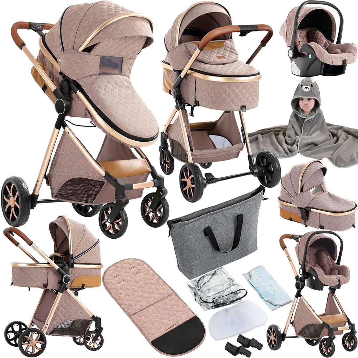 Combi Kinderwagen - Reiswieg Buggy - Baby Vervoer - 3-in-1 Systeem - 75 cm Hoog - Khaki