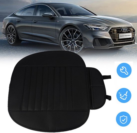 Zwarte autostoelhoes met gestreepte vulling, getoond met een grijze Audi A7.