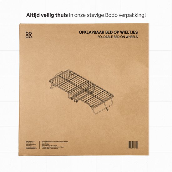 Bodo opvouwbaar bed op wieltjes, weergegeven op bruine kartonnen verpakking.