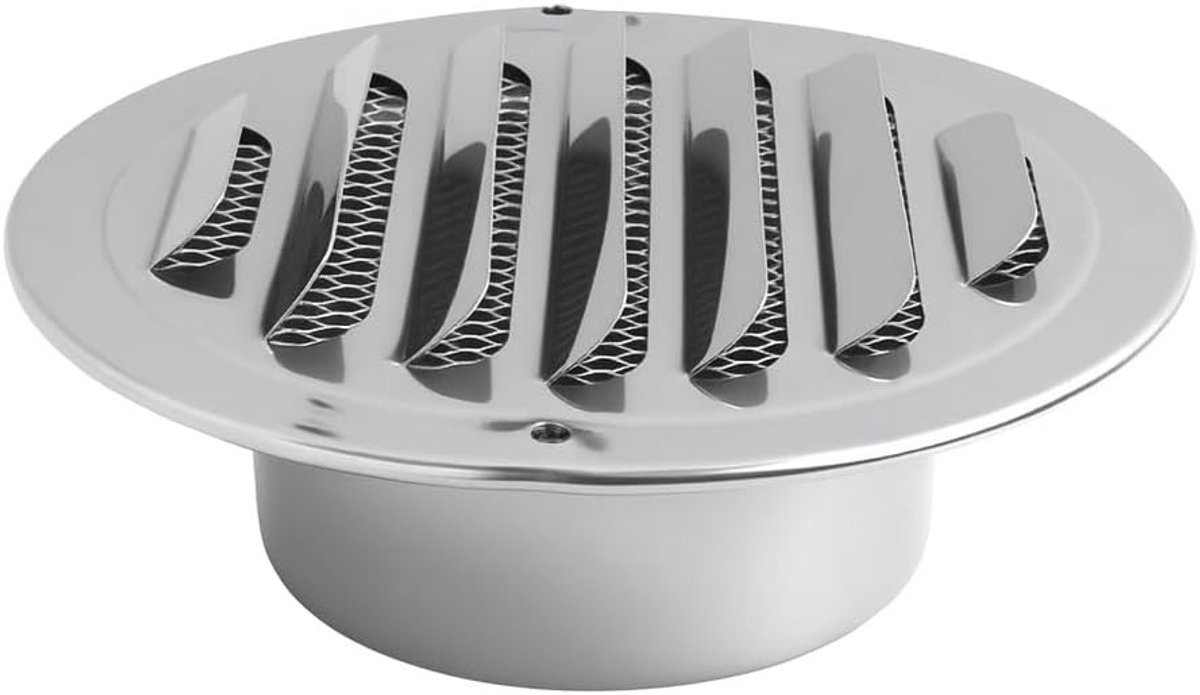 Ventilatierooster 100 mm van roestvrij staal met insectenmesh voor muur en gevel, weerbestendig en geschikt voor afvoer- en aanvoerlucht