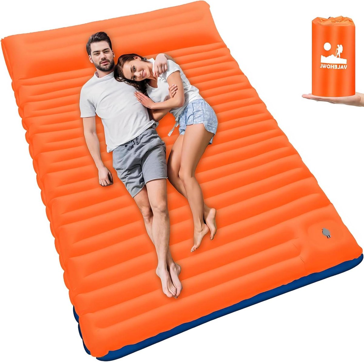 Opblaasbare Slaapmat - Kampeer Matras - Buiten Slapen - Met Ingebouwde Voetpomp - Dubbel Formaat - Oranje / Blauw