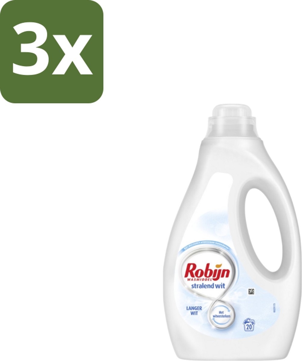 3 x Robijn – Vloeibaar Wasmiddel – Stralend Wit – 20 wasbeurten - Stralend Wit Wasmiddel - Witte Was - Wasmiddel Voor Witte Kleding - Witversterker - Frisse Geur Wasmiddel