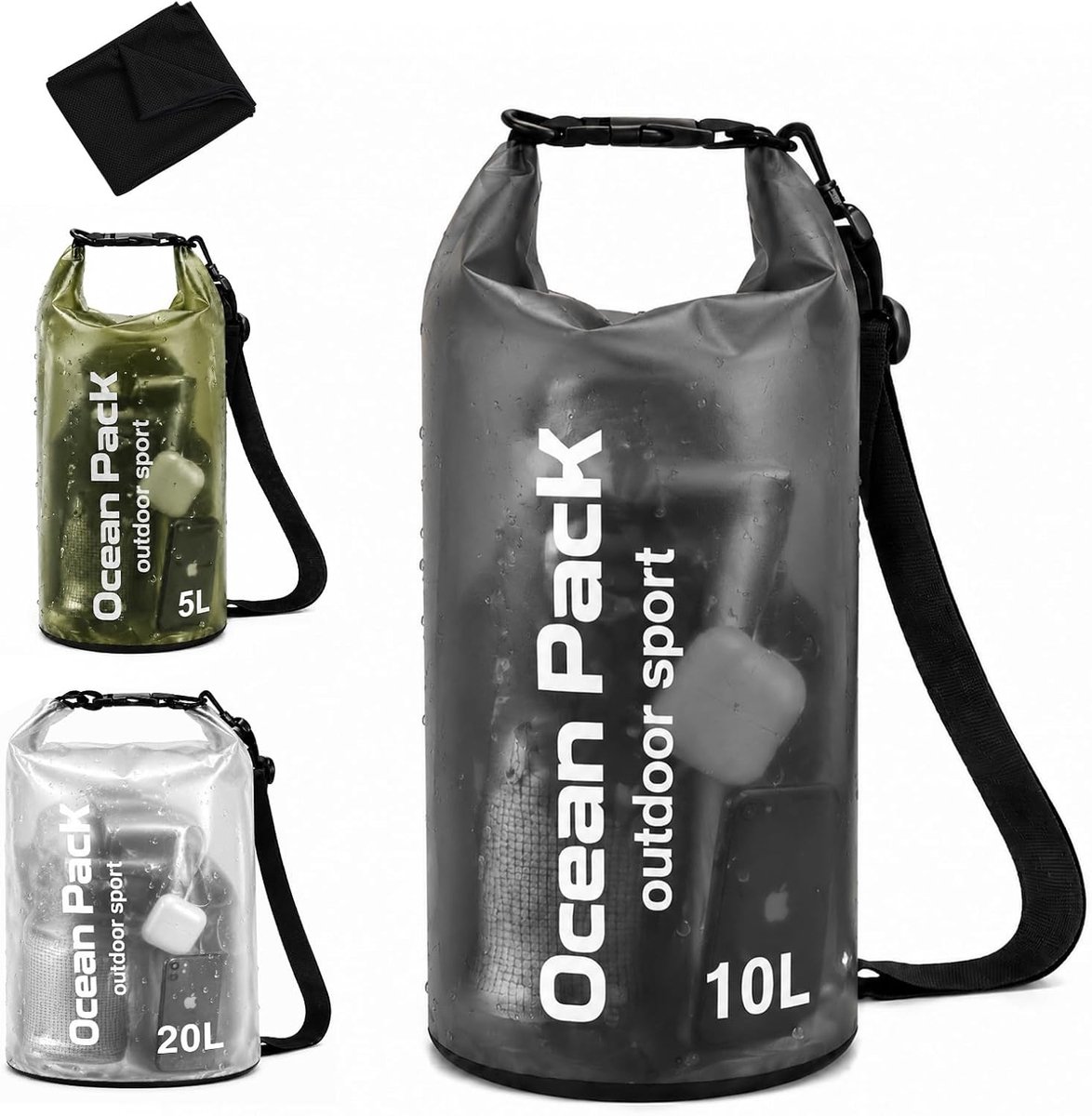 Waterdichte Dry Bag en Sneldrogende Handdoek, Verkrijgbaar in 5, 10 en 20 Liter, Ideaal voor Outdoor Activiteiten, Reizen en Watersport
