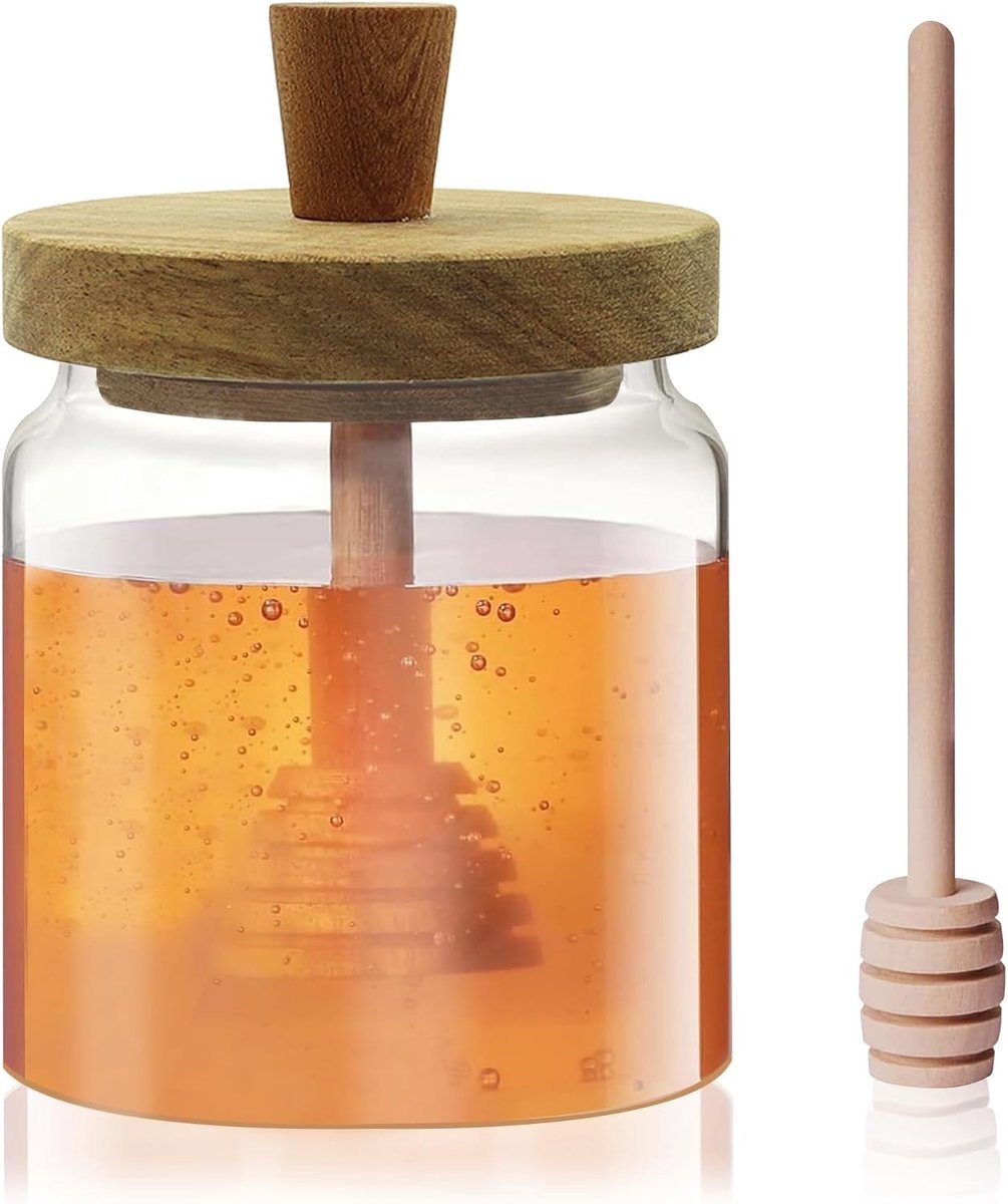 Airtight Glazen Honingpot met Lepel en Deksel, Inclusief Extra Houten Honinglepel, Ideaal voor Keuken en Feestjes
