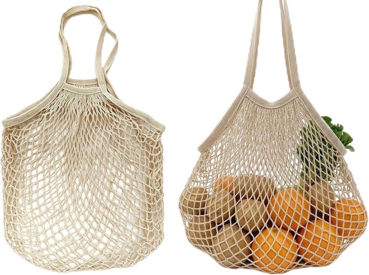 Herbruikbare boodschappentassen van net, ideaal voor groenten en fruit, met lange draaggrepen voor supermarkt en strand, 2 stuks