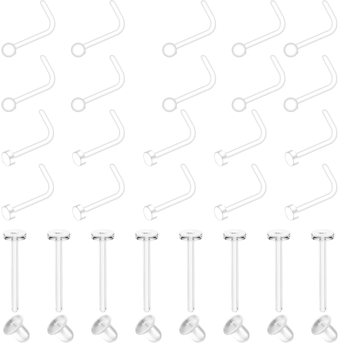 Elzusha - 28 Stuks Heldere Neusstuds - Transparante Piercingaccessoires voor L-vormige Neusstuds