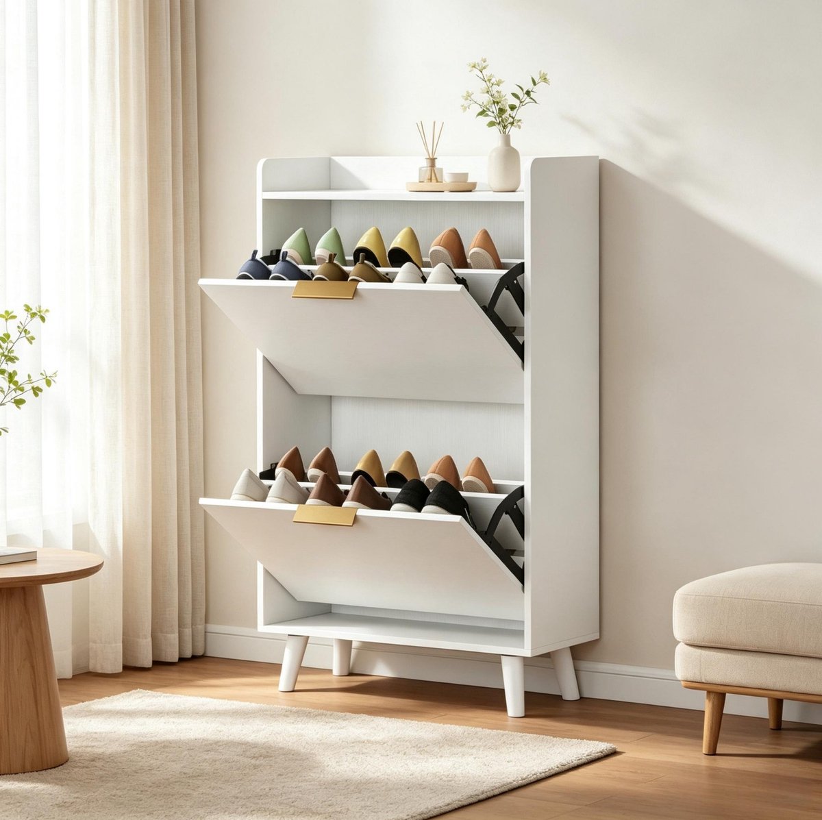 Schoenenkast Smal Met 2 Kleppen En 2 Niveaus Voor 8 Tot 12 Paar Schoenen Voor Hal En Entree Wit 70 X 30 X 120 Cm