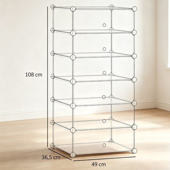 Stapelbare Opbergkast - Modulaire Schoenenkast Met 6 Vakken En Transparante Deuren - Wit Met Houtnerf - 49x36,5x108 Cm — afbeelding 2