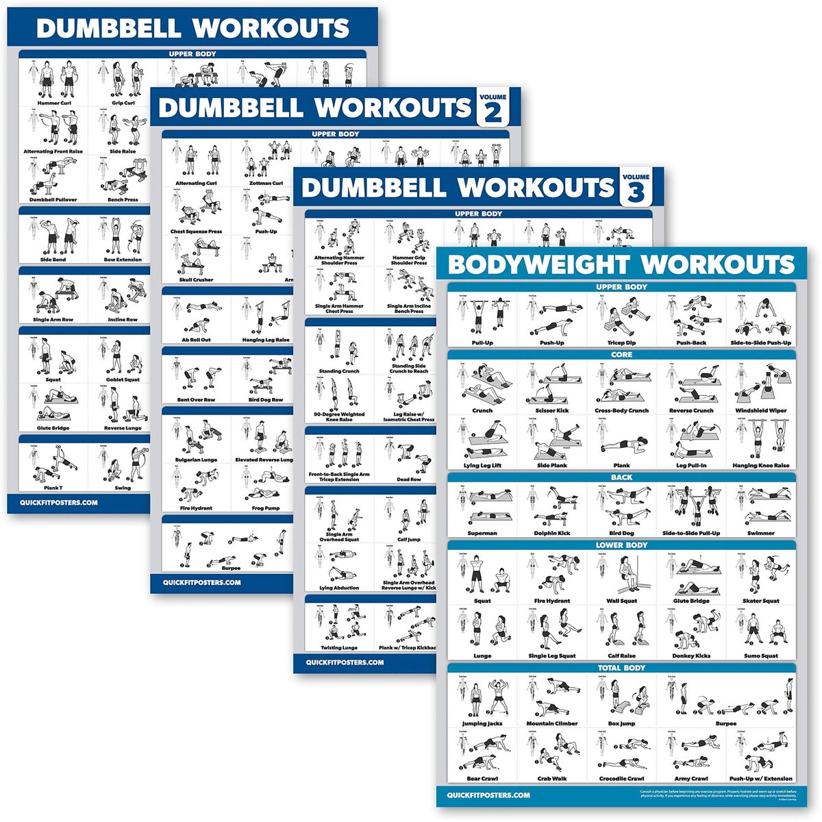 Elzusha - Dumbbell Workout Posters Set van 4 - Laminated - 61x45.7 cm
