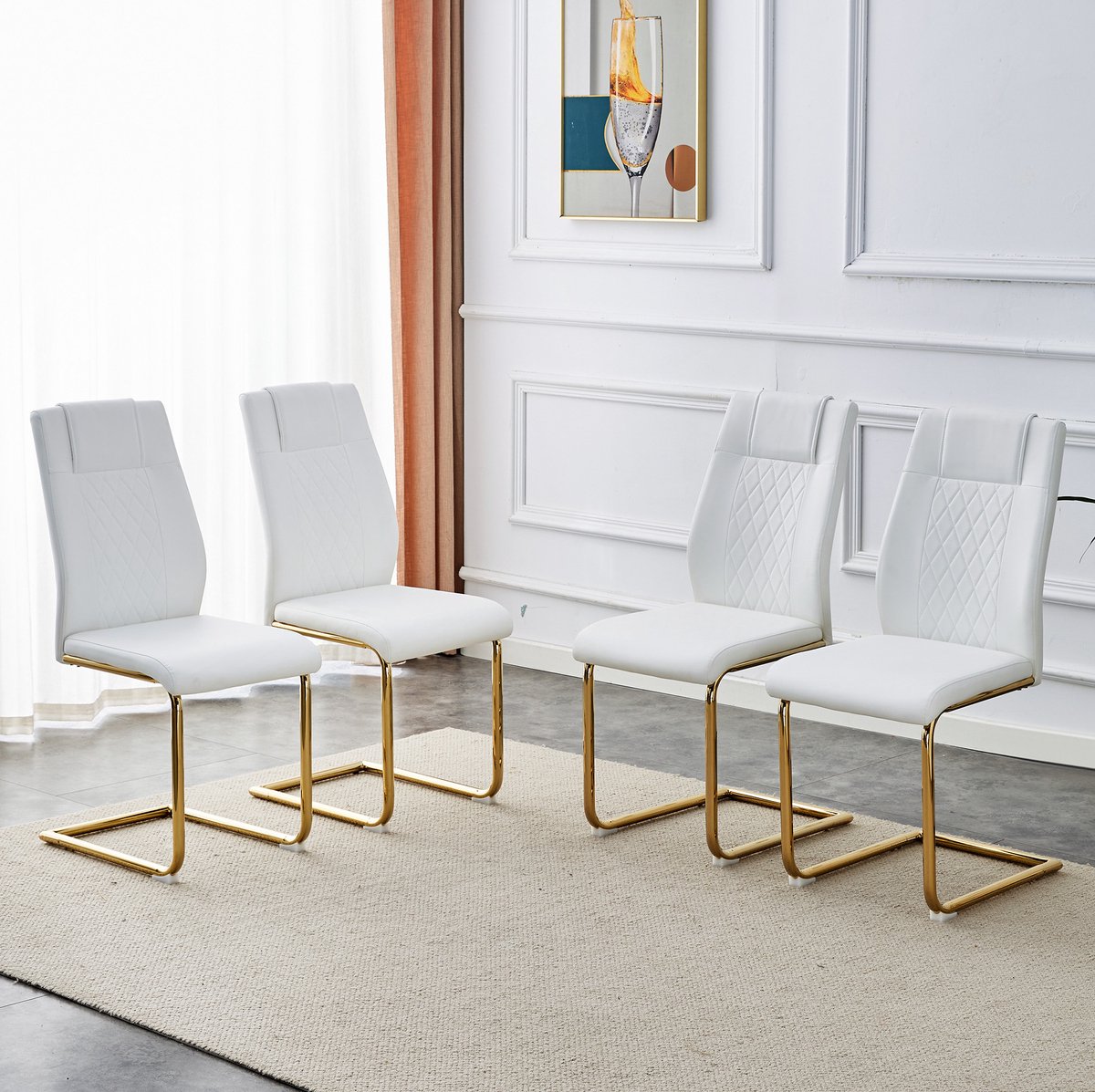 MIVRAY Eetkamerstoel 97 x 41 x 48 cm - Scandinavisch Design Met Gestikte Rugleuning - Voor Eethoek En Woonruimte - Kunstleer Wit En Goud