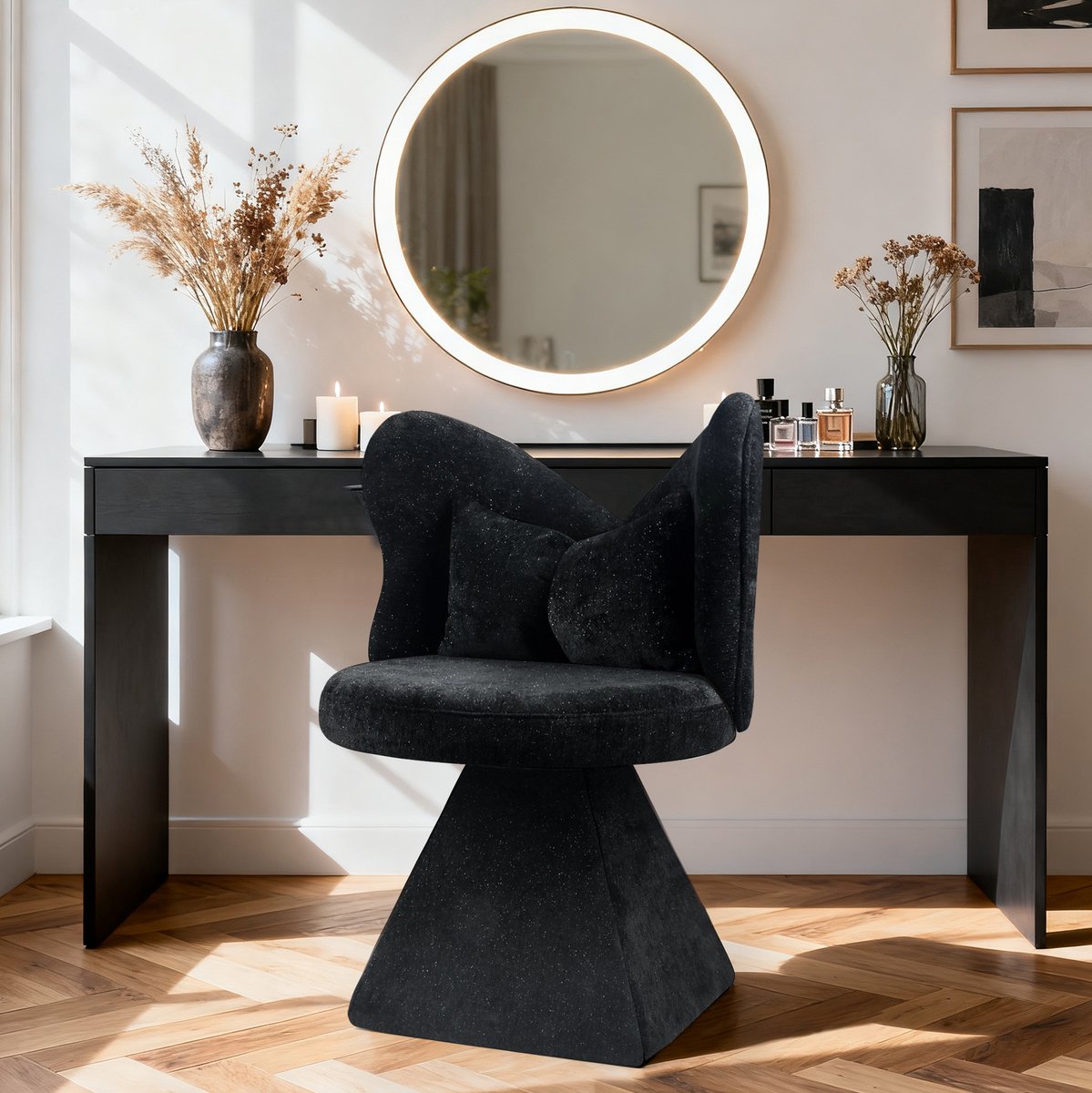 Wishdor Fauteuil - Vlinderstoel draaibaar - Zonder armleuningen - Chenille velvet - Design - Woonkamer slaapkamer eetkamer salon - Zwart - 52 x 52 x 76,2 cm