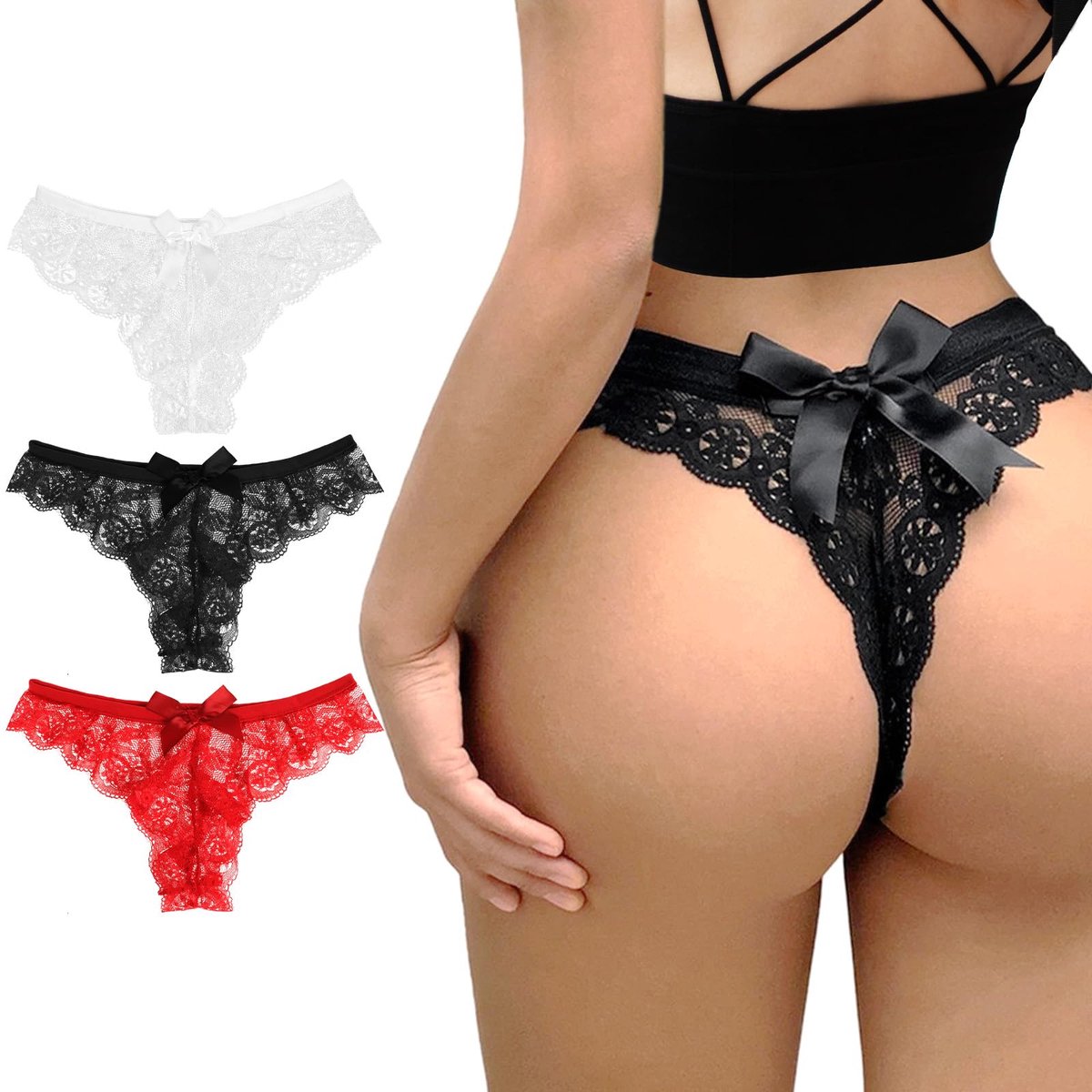 Elzusha - Telooco Dames Lace Bow Thong 3-Pack - Sexy Ondergoed voor Bruid - M (Wit, Zwart, Rood)