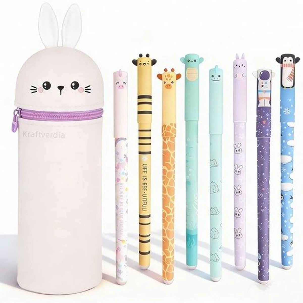 casalora - Uitwisbare pennen 8 kleuren - Gelpennen met siliconen etui - Konijn Pennenzak - 0,6 mm Cartoon Patroon Dierenpen voor Schoolspullen van Kinderen of Kantoorbenodigdheden voor Volwassenen - Cadeauset - Niet geschikt voor legami vulling
