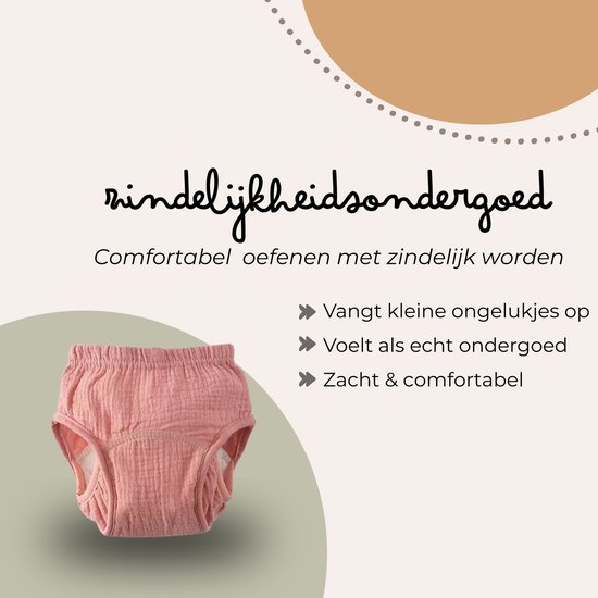 Roze katoenen oefenbroekje van mousseline. Zacht, comfortabel en vangt kleine ongelukjes op.