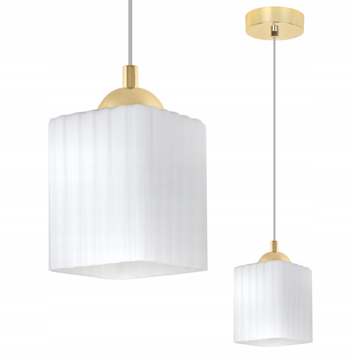 Merkloze Gouden Hanglamp met Geribbelde Witte Glazen Kap