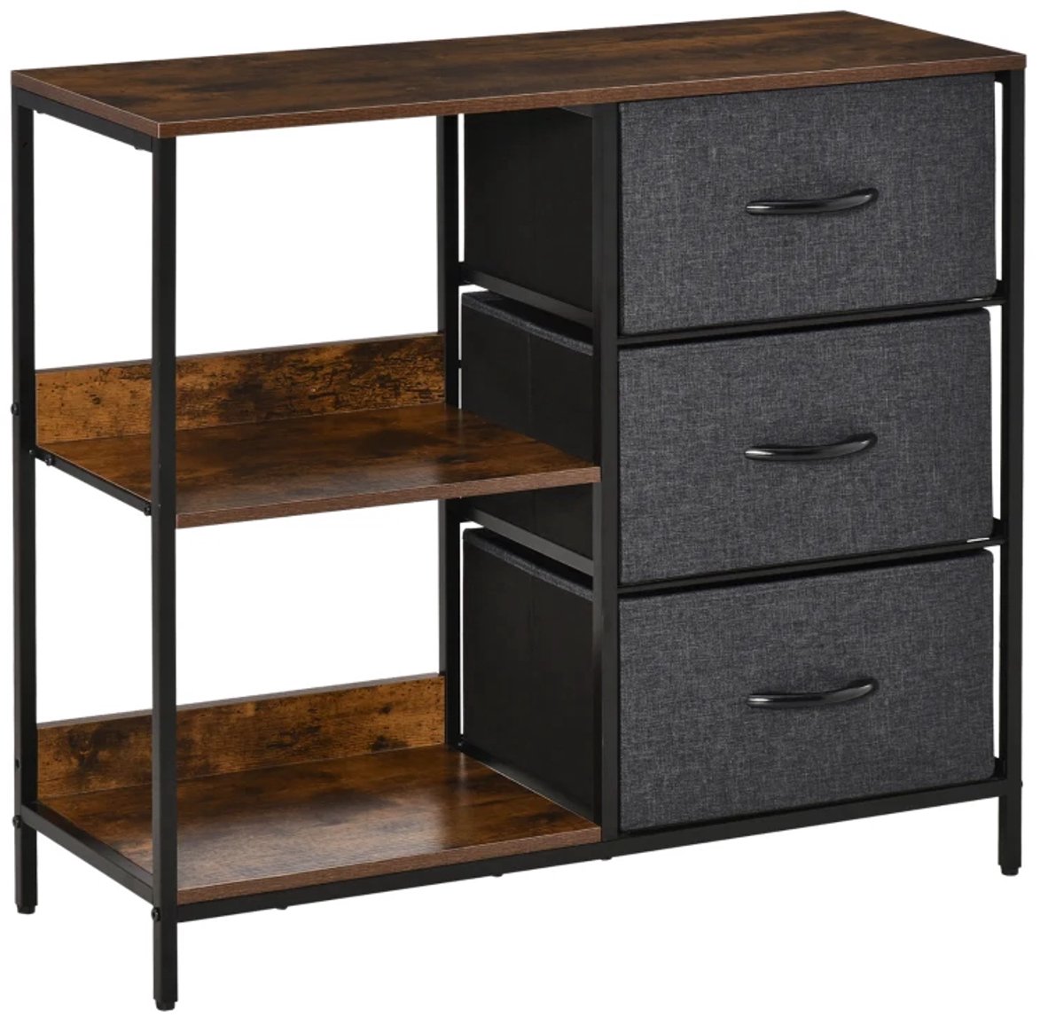 Dressoir - Opbergkast Met 3 Stoffen Lades En Planken - Metalen Frame - Bruin En Grijs