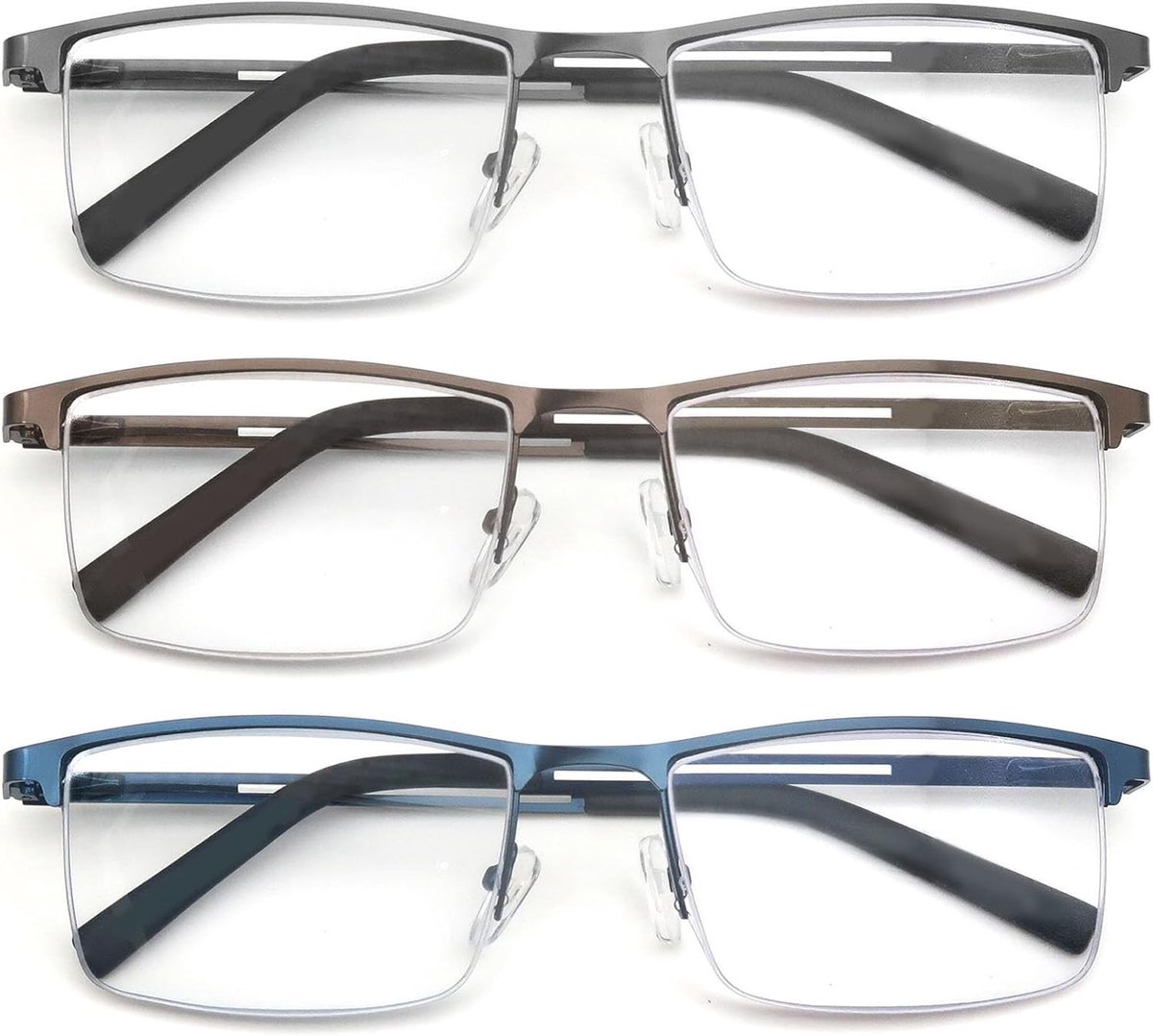 3-Pack Leesbrillen voor Mannen met Blauw Lichtfilter - Metalen Rechthoekig Frame van RVS voor Comfortabel Lezen