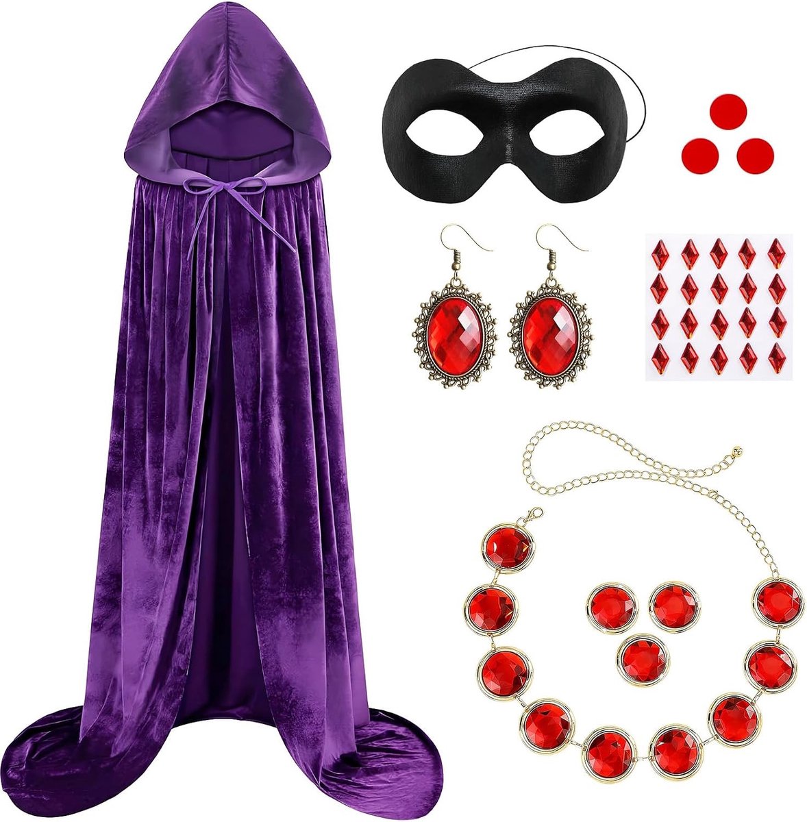 Demonenkostuum voor dames met paarse cape en kap, rode steen en riem, ideaal voor carnaval, Halloween en verkleedfeestjes